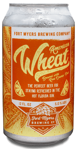 A can of wheat brewed by fort myers brewing company.