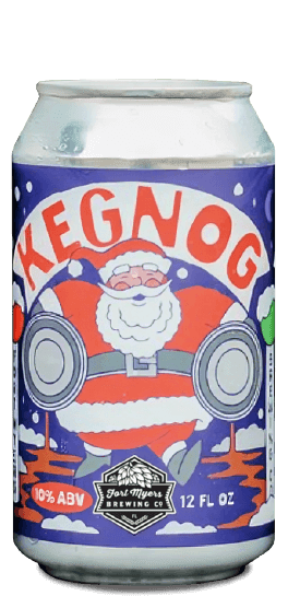 A can of kegnog with a santa clause on it.