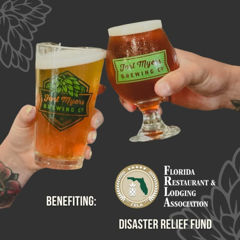 Two people holding Fort Myers Brewing beer with the words Florida Restaurant & Lodging Association Disaster & Relief fund.