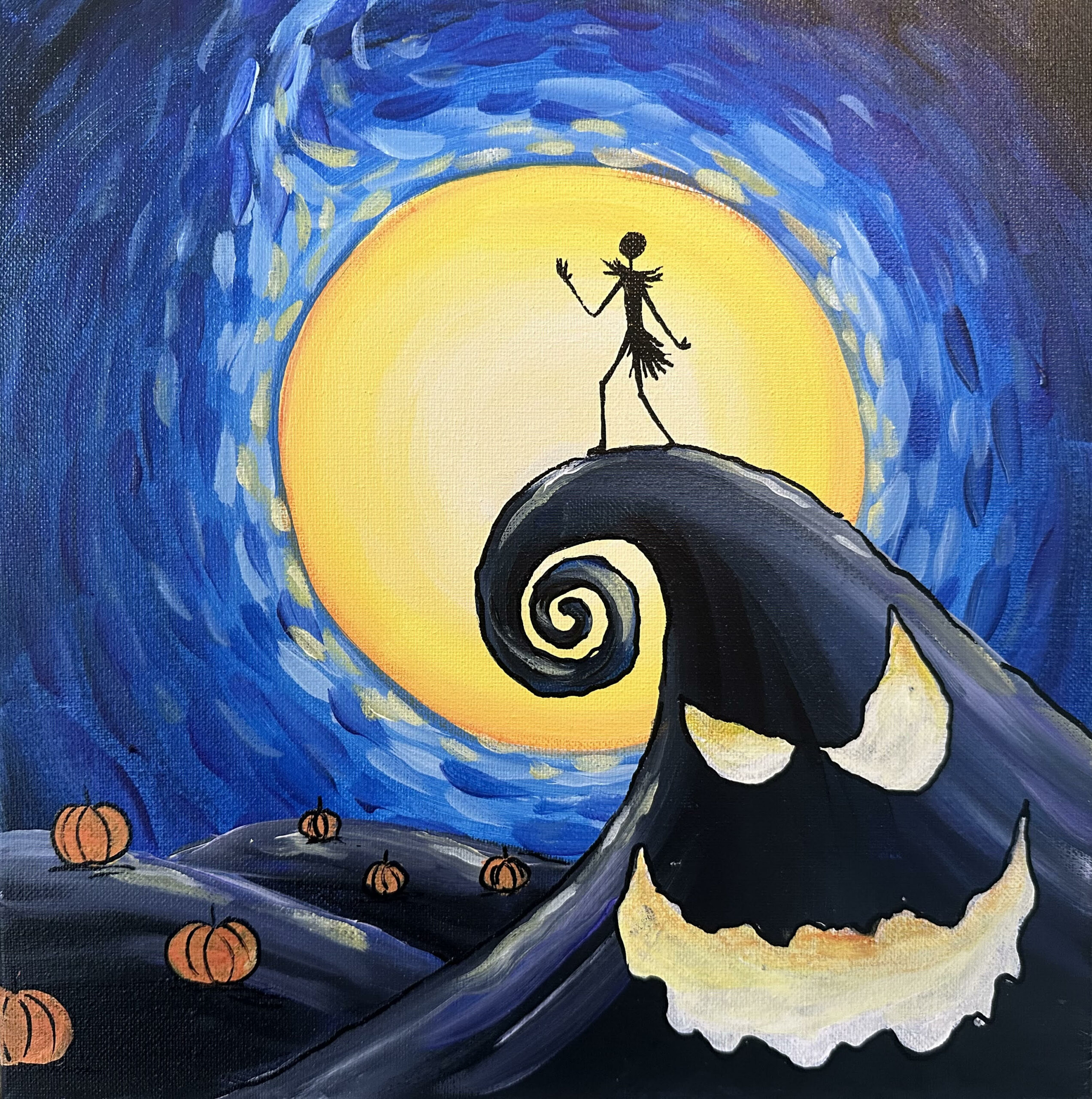 a painting of jack skellington and sally on top of a pumpkin.